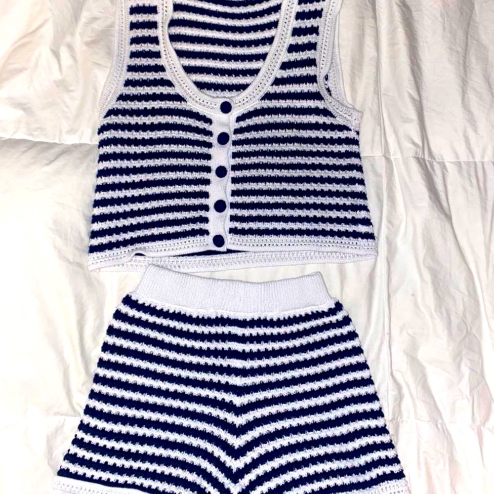 Navy & white crochet / knit short set . Beautiful thick material